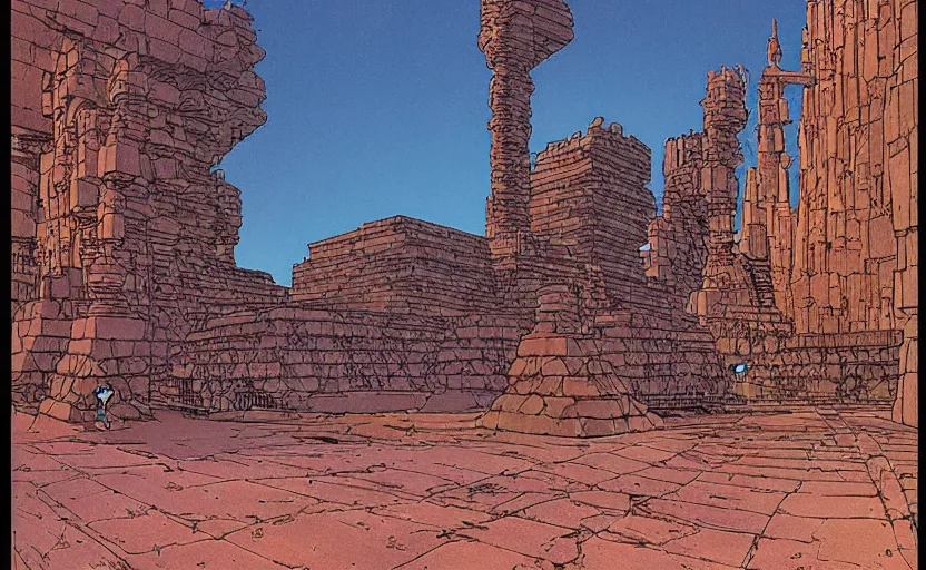Prompt: the entrance into the giant temple of the future robot gods by moebius