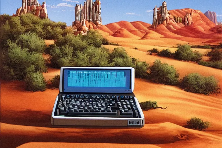 Image similar to a 1 9 8 5 electronics ad depicting a commodore 6 4 sitting on a desert trail. i'm the background is a fantasy castle. chrome font. art in the style of andy zito