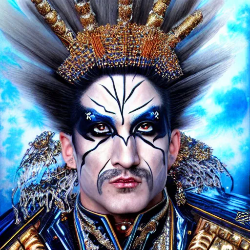 Image similar to uhd photorealistic detailed image of max voltage, the rock and roll emperor, dressed as emperor, wearing extremely intricate hair metal costume and makeup, by ayami kojima amano karol bak