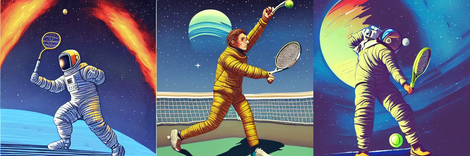 Prompt: beautiful painting of an astronaut playing tennis by Dan Mumford, action shot, trending on Artstation