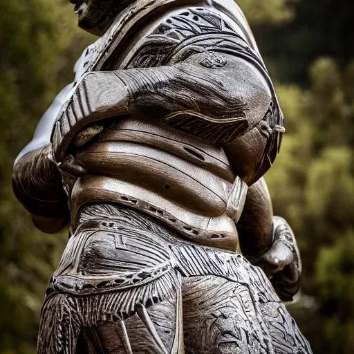 Prompt: a scenic view of a Maori warrior statue made with etched wood, long lens, depth of field, detailed, texturized