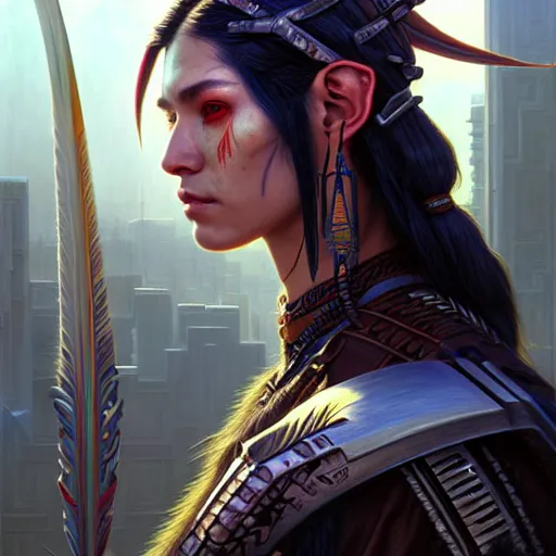 Image similar to portrait painting of a cyberpunk native american elf elven street samurai, ultra realistic, concept art, intricate details, eerie, highly detailed, photorealistic, octane render, 8 k, unreal engine. art by artgerm and greg rutkowski and charlie bowater and magali villeneuve and alphonse mucha