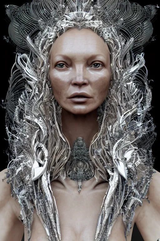 Image similar to a highly detailed metahuman render portrait of an alien goddess kate moss in iris van herpen dress schiaparelli in diamonds and jewelry in style of alphonse mucha trending on artstation made in unreal engine 4