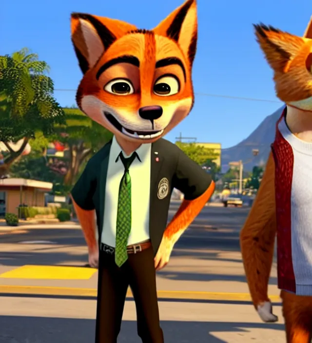 Image similar to Screenshot of Grand Theft Auto: San Andreas loading screen featuring Nick Wilde (from Zootopia)