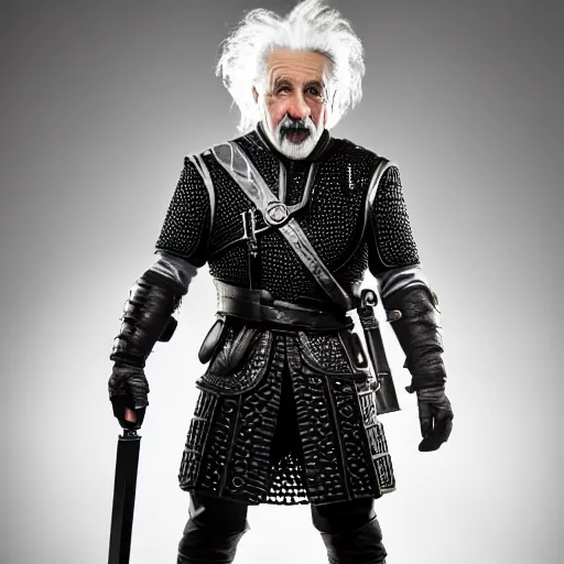 Prompt: einstein wearing Geralt of Rivia's armor, promo shoot, studio lighting,