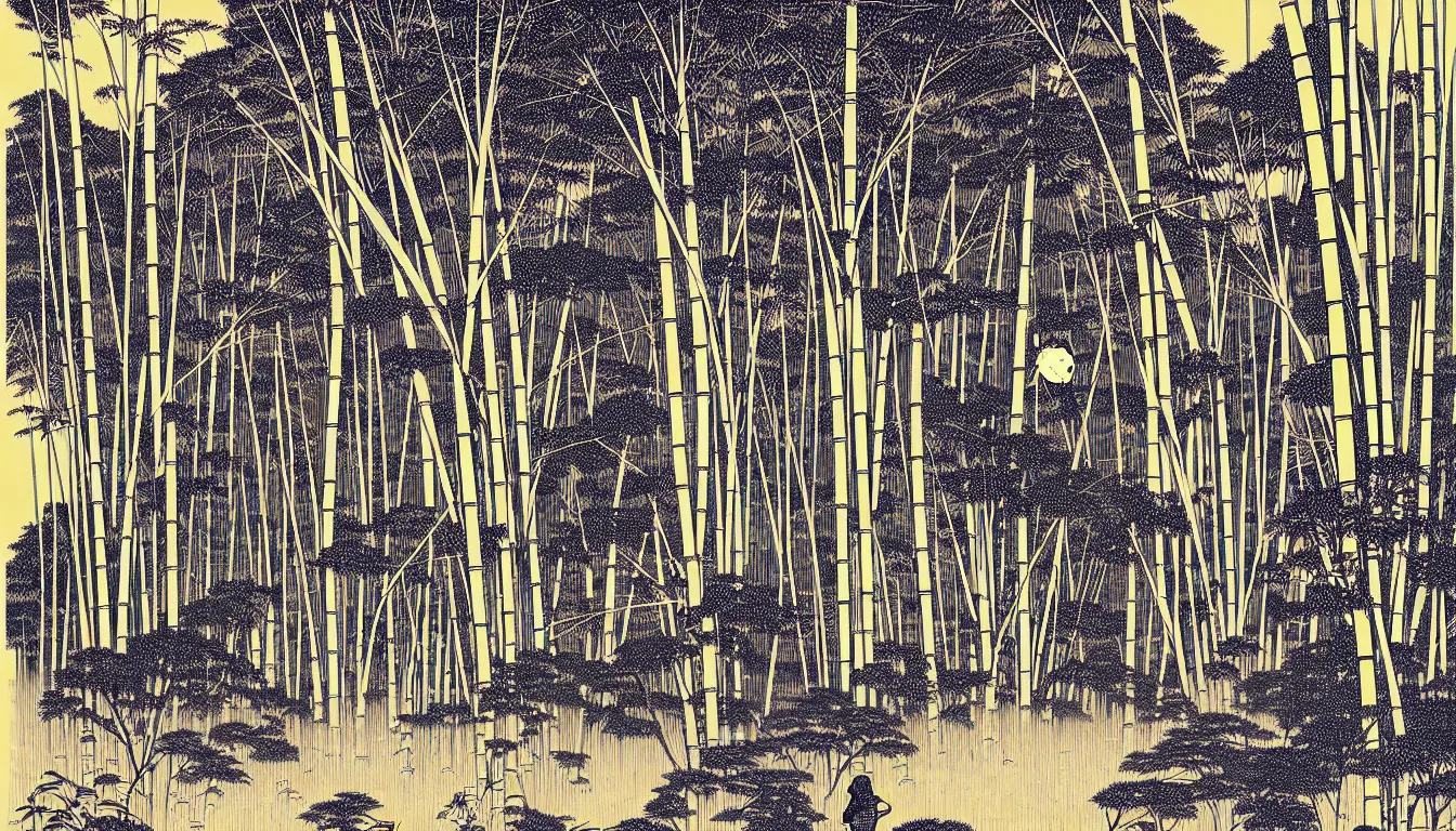 Prompt: bamboo and trees by woodblock print, nicolas delort, moebius, victo ngai, josan gonzalez, kilian eng