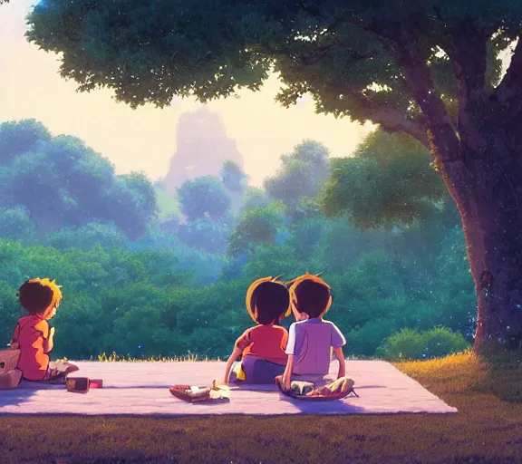 Prompt: a wholesome animation key shot of a girl and boy sitting together under a tree, having a picnic, boy and girl!!, studio Ghibli, Pixar and Disney animation, sharp, very detailed, high resolution, by Raphael LaCoste and Ruan Jia and Robert McCall, postcyberpunk, geodesic, hyperdetailed, sunrise, wide shot, autochrome, octane render, inspired by Hayao Miyazaki, anime key art by Greg Rutkowski, Bloom, dramatic lighting