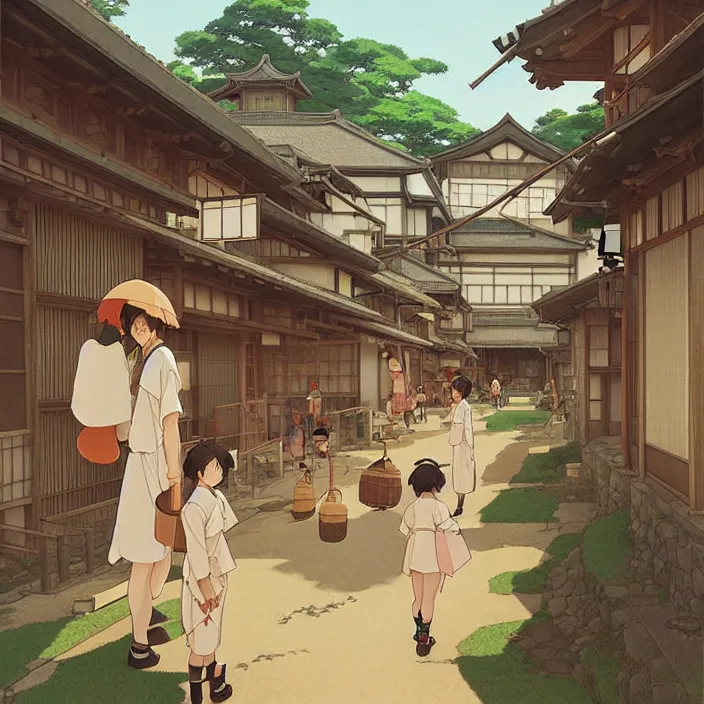 Image similar to japanese rural town, summer, in the style of studio ghibli, j. c. leyendecker, greg rutkowski, artem