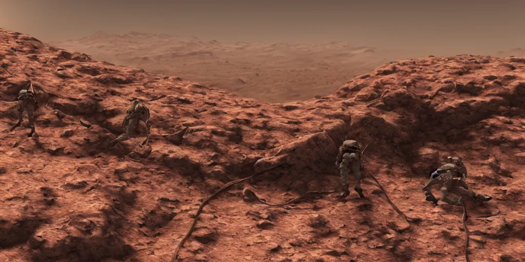 Prompt: future soldiers climbing on giant centipede on Mars, cinematic, volumetric lighting