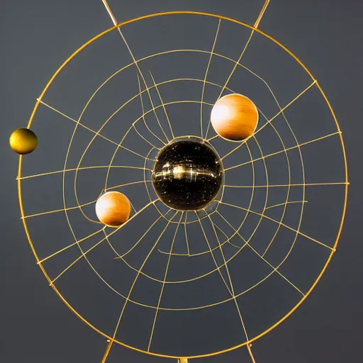 Prompt: a kinetic sculpture of this solar system, sun, orrery, canon 5 d 5 0 mm lens, papier - mache, studio, circa 3 0 6 0