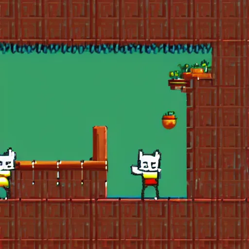 Image similar to a 2 d sprite platformer where a cat is jumping,