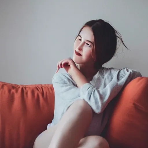 Image similar to selfie photograph of a cute young woman, red blush, wearing casual clothes, small smile, relaxing on a couch, cozy living room, medium shot, 8 k, trending on instagram, trending on pinterest, portra 4 0 0