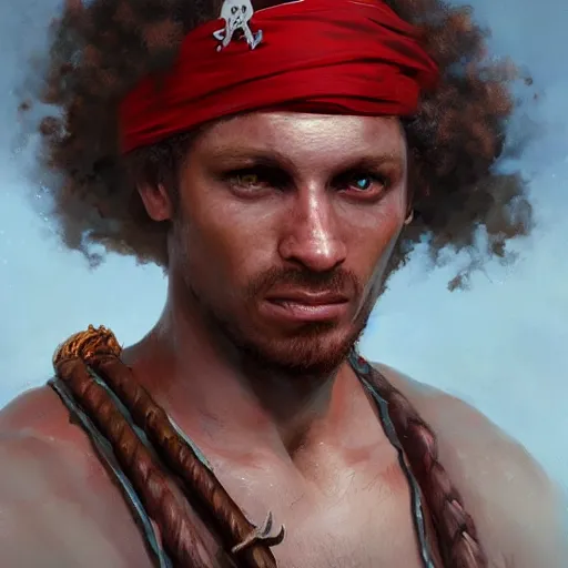 Prompt: very detailed painting of an white skin african pirate with red headband and curly hair, featured in artstation, concept art by Greg Rutkowski, WLOP, Dan Mumford, Christophe Vacher