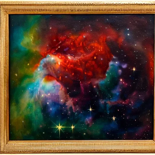 Image similar to A nebula in the shape of Obama surrounded by the cosmos, oil painting