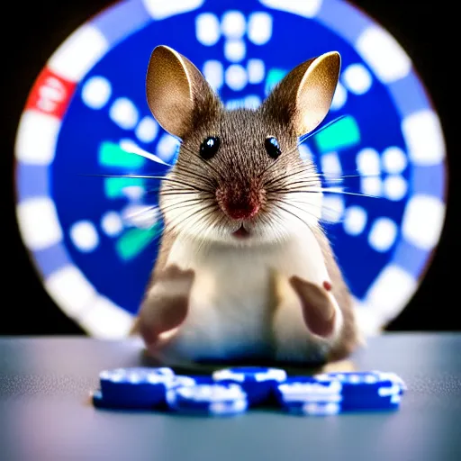 Image similar to small blue mouse standing on a poker table (EOS 5DS R, ISO100, f/8, 1/125, 84mm, postprocessed, crisp face, facial features)