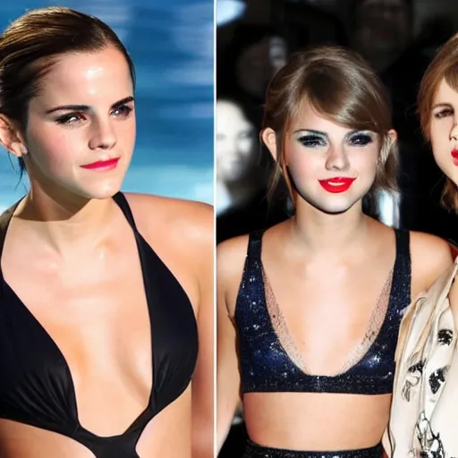 Image similar to emma watson and taylor swift and selena gomez swim together. perfect faces.