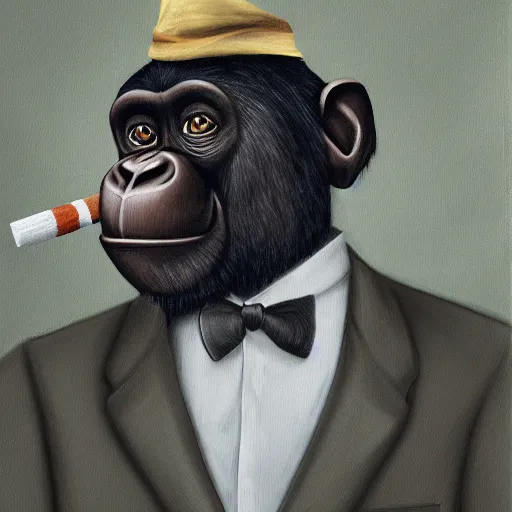 Image similar to a high detail portrait of a chimp wearing a suit 👔,and smoking🚬
