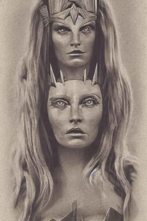 Image similar to she - ra, portrait, full body, symmetrical features, silver iodide, 1 8 8 0 photograph, sepia tone, aged paper, sergio leone, master prime lenses, cinematic