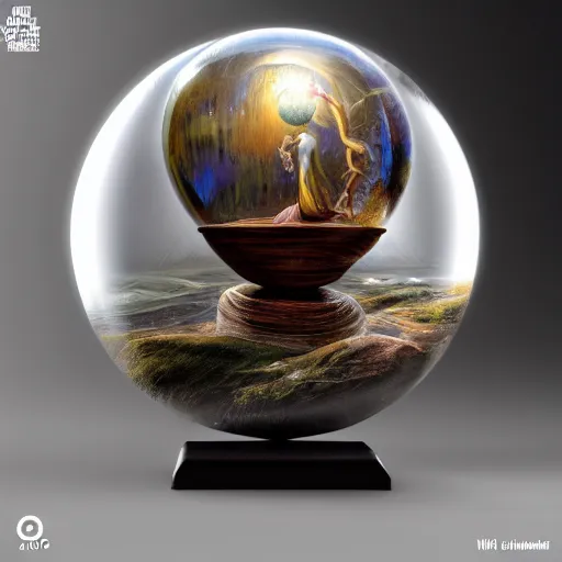 Prompt: crystal ball on a wood stand with a beautiful dreamscape inside, studio product photography, super highly detailed, professional digital painting, artstation, concept art, smooth, sharp focus, extreme illustration, unreal engine 5, photorealism, beautiful, cinematic, art by artgerm and rutkowski and alphonse mucha and loish and wlop