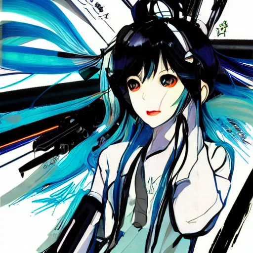 Image similar to illustration of miku by yoji shinkawa