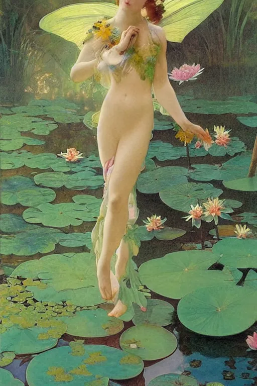 Image similar to a beautiful dressed faerie in a waterlily pond, detailed, rainbowshift, by maxfield parrish, alphonse mucha, brian froud