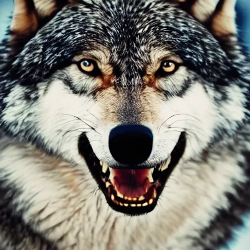 Prompt: close up portrait photo of an angry wolf, 8k,