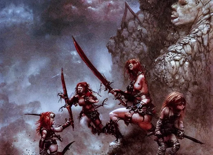 Image similar to redhead barbarian girl fighting small cute goblins by Luis Royo and Beksinski