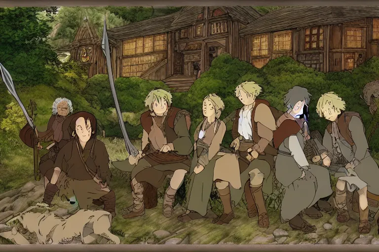 Prompt: tonemapped the fellowship of the ring!! by studio ghibli, highly detailed,