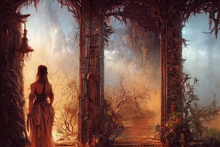 Prompt: large rustic intricately decorated wooden double door, metal handles, a view to a fantasy world, eerie back light, mist, coherent composition, digital fantasy painting by noriyoshi ohrai