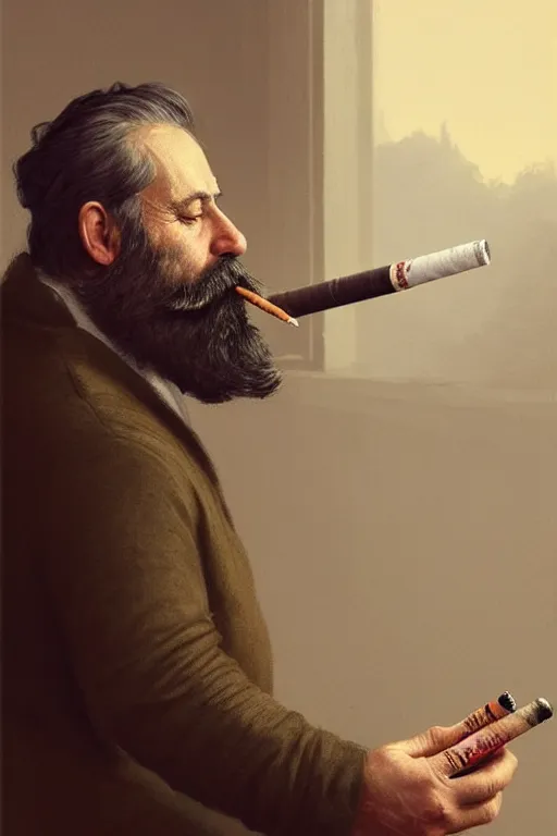 Image similar to portrait of a middle - aged writer with a beard, he is smoking a cigarette, style of greg rutkowski