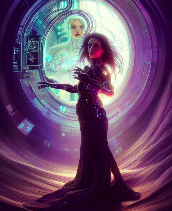 Image similar to a whirlwind of souls rushing inside the metaverse, hologram, half body, neurochip, shaved temple, piercing, jewelry, android, cyborg, cyberpunk face, by loish, d & d, fantasy, intricate, elegant, highly detailed, colorful, digital painting, artstation, concept art, art by artgerm and greg rutkowski and alphonse mucha