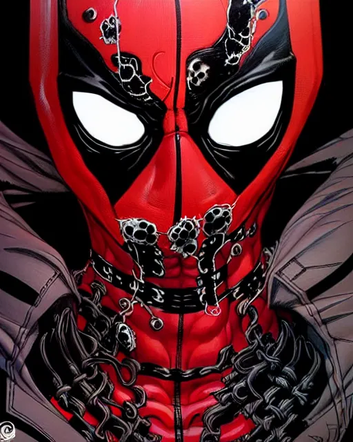 Image similar to highly detailed closeup portrait of a cyborg carnage symbiote in deadpool suit with carnages face, by greg rutkowski, by greg tocchini, by james gilleard, by kaethe butcher, gradient in red, black, crimson and grey color scheme,'grunge aesthetic '!!!