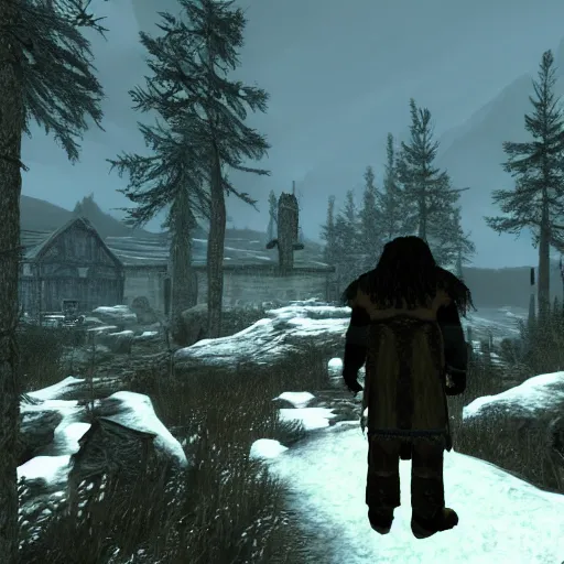 Prompt: Hagrid in the world of Skyrim in Playstation 1 graphics