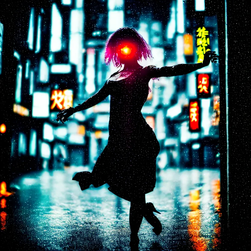 Image similar to a photo close up cyberpunk woman dancing in the rain, cyberpunk hiroshima, prefecture streets, sunset, photorealistic, cinematic lighting, highly detailed, bokeh, style by tomino - sama