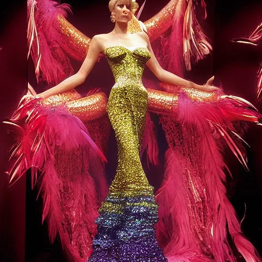 Prompt: la chimere by thierry mugler autumn / winter 1 9 9 7 - 1 9 9 8, shimmering all colours of the rainbow with innumerable colourful pearls, feathers, scales, real hair, and a gold hinged corset adorned with crystals and horsehair at the ends of the sleeves and bottom of the dress