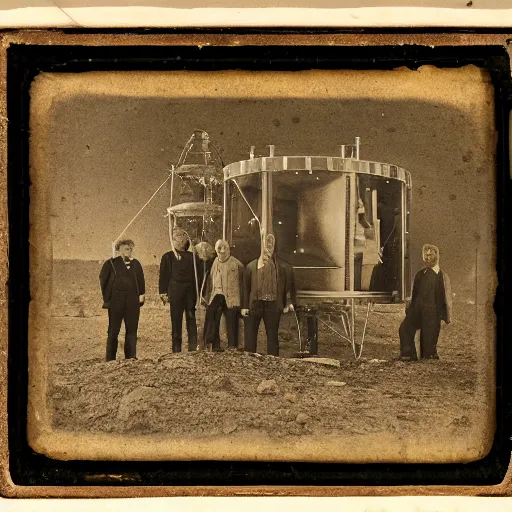 Prompt: daguerreotype of scientists building a spaceship