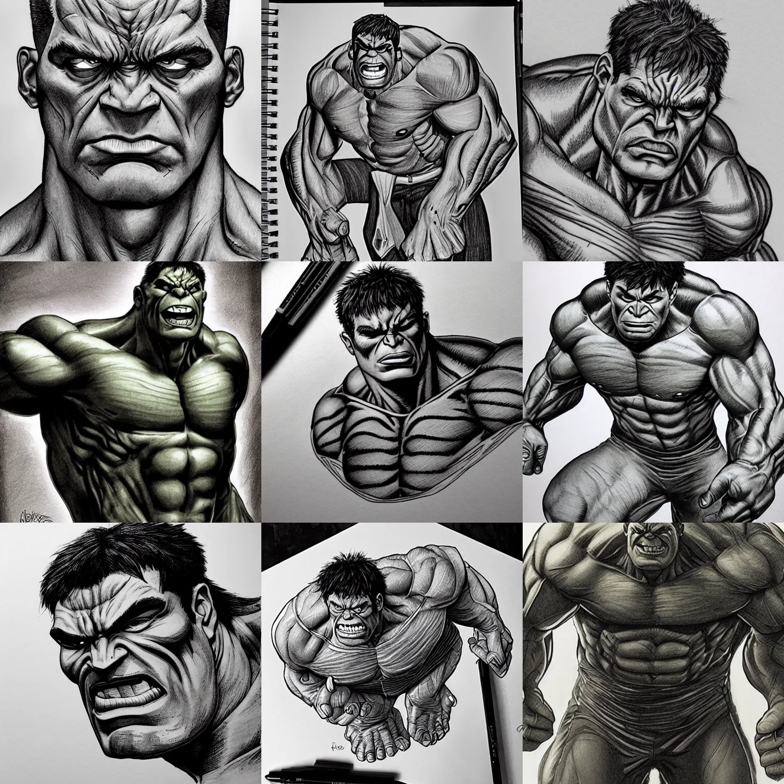 Prompt: really thin and weak HULK, hand drawn, intricate detail, fine line, fine texture, fine hair, pen and ink, pencil, shading, marvel cinematic universe