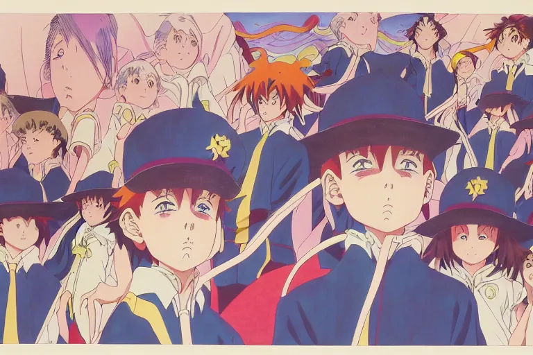 Image similar to cel shaded study of a group of children in a magical academy, anime, key visual of anime with intricate linework, in the stlye of moebius, ayami kojima, 90's anime, retro fantasy