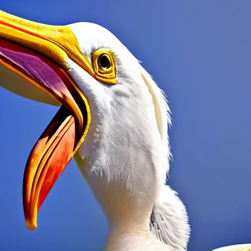 Image similar to awardwinning nature photography portrait of a white pelican in full flight as seen from below. extremely high detailed beak