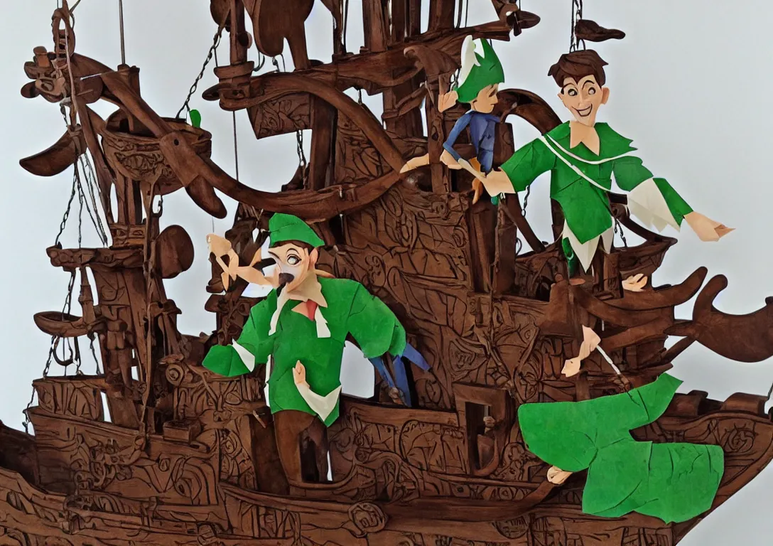 Prompt: a stylized cut paper sculpture of peter pan and captain hook on a pirate ship