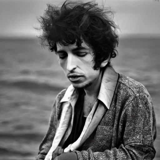 Image similar to bob dylan cradling kelp like a baby, photograph, 1 9 6 5