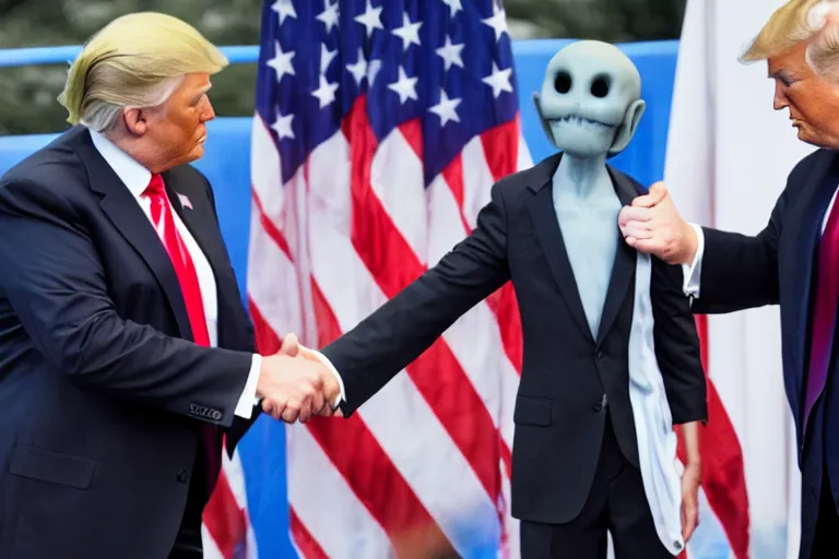 Image similar to press photo of donald trump shaking hands with a gray alien