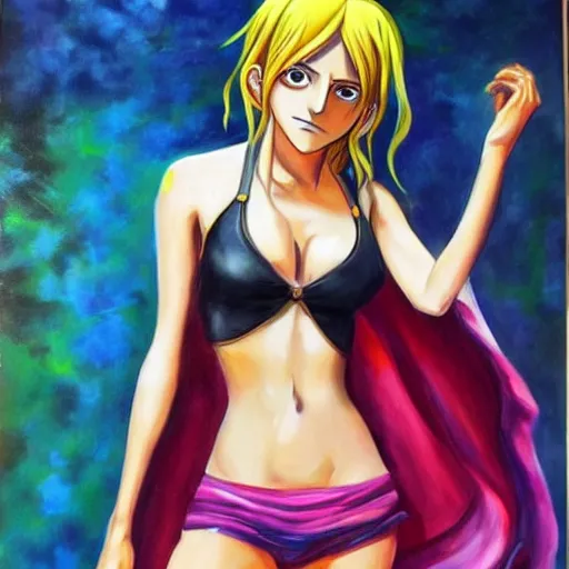Image similar to emma watson as nami from one piece, oil painting, full body.