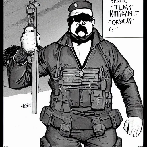 Image similar to gk chesterton as a buff mercenary in military gear. in style of moebius.