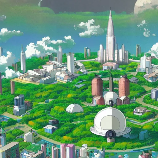 Prompt: Utopian city with a enormous white dome at the centre, studio ghibli, ultra hd