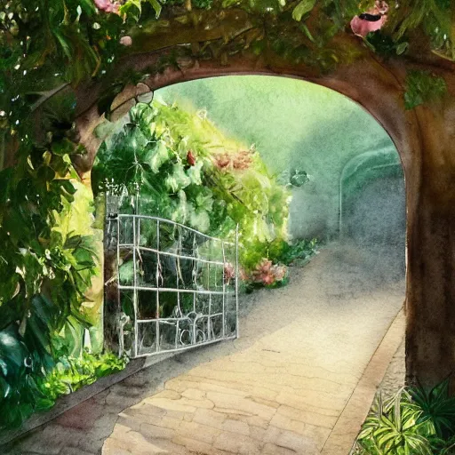 Prompt: delicate, chairs, garden, paved, botanic watercolors, iridescent, 8 k, realistic shaded, fine details, artstation, italian, iron gate, tree, mediterranean, alien world