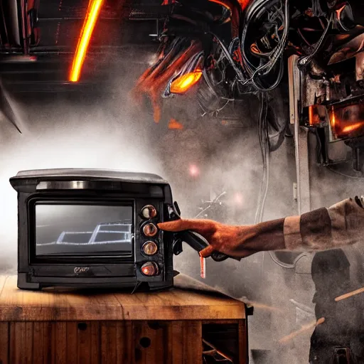 Image similar to cyborg toaster oven repairman, dark messy smoke - filled cluttered workshop, dark, dramatic lighting, orange tint, sparks, plasma rays, cinematic, highly detailed, sci - fi, futuristic, movie still