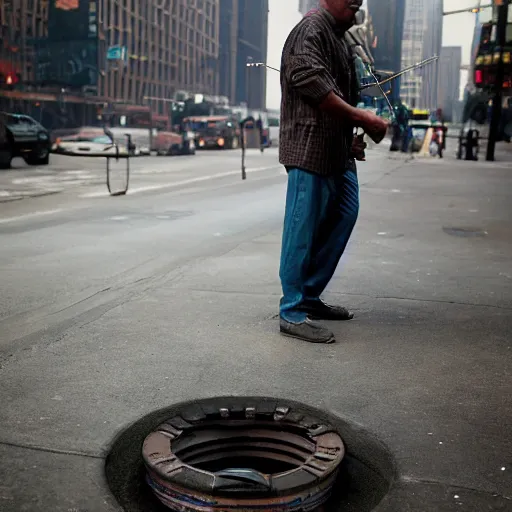 Prompt: closeup portrait of a man fishing in a manhole in a smoky new york street , by Annie Leibovitz and Steve McCurry, natural light, detailed face, CANON Eos C300, ƒ1.8, 35mm, 8K, medium-format print