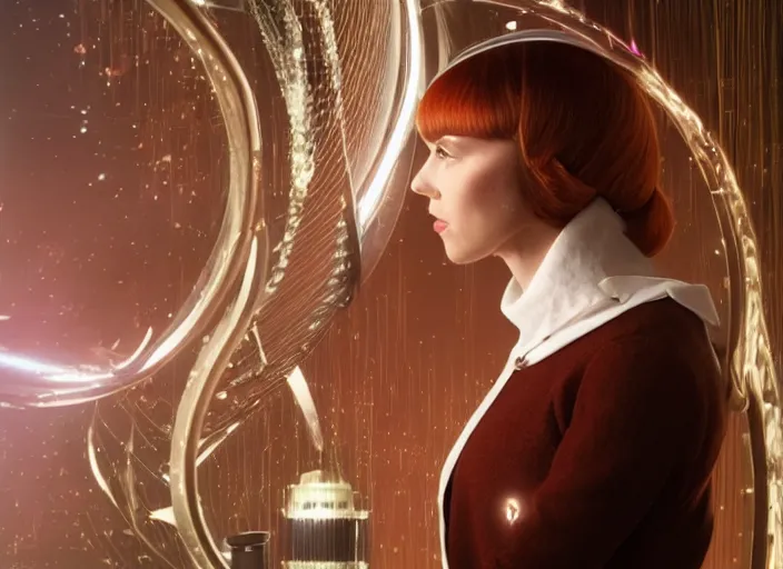 Prompt: une femme à la coiffure tourbillonnante, retrofuturism, reimagined by industrial light and magic