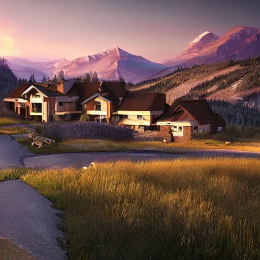 Prompt: montana alpine landscape with windy road and modern homes designed by charles haertling scattered on the mountainsides, photo realism, dramatic lighting, from a dream, high quality digital art, unreal engine